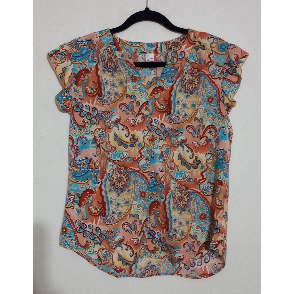 Women Paisley Ruffle Cap Sleeve V-Neck Blouse Orange Blue Boho Top Large